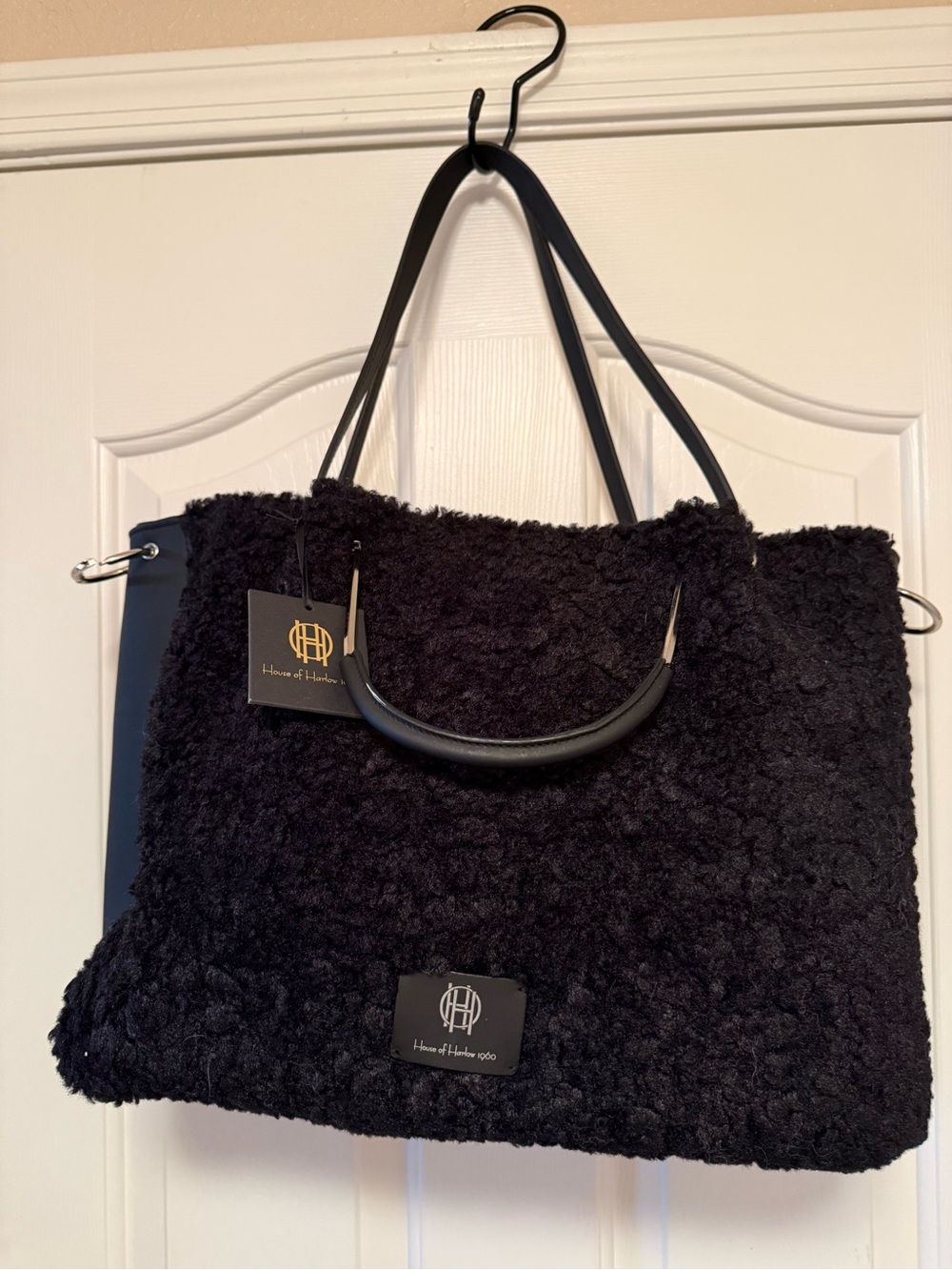 House of Harlow 1960 Black Sherpa Tote w/Leather Handles, Shoulder Strap, Pouch